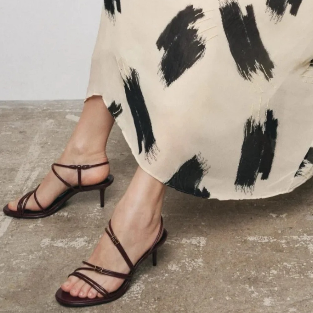 Zara Burgundy Strappy Kitten-Heel Sandals - Women